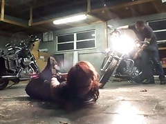 JerkMania presents: Biker girl hogtied in the garage