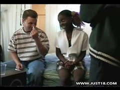 JerkMania presents: Ebony schoolgirl getting interracial threesome