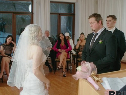 JerkMania presents: Dirty bride kristy waterfall rides a lover while people watch