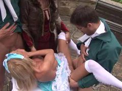 JerkMania presents: Costume porn group sex with hottie outdoors