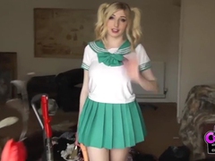 JerkMania presents: Costume babe in a miniskirt fucks a toy outdoors