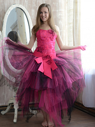 JerkMania presents: Gorgeous teen cutie stripping an evening dress and showing body in front of a big mirror.