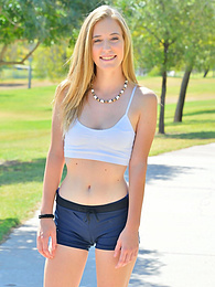JerkMania presents: Sporty blonde babe Dakota strips her clothes and flaunts her hot body outdoors