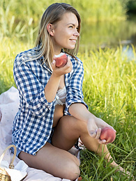 JerkMania presents: Skinny blonde Paulina gets naked on a blanket in a field of wheat